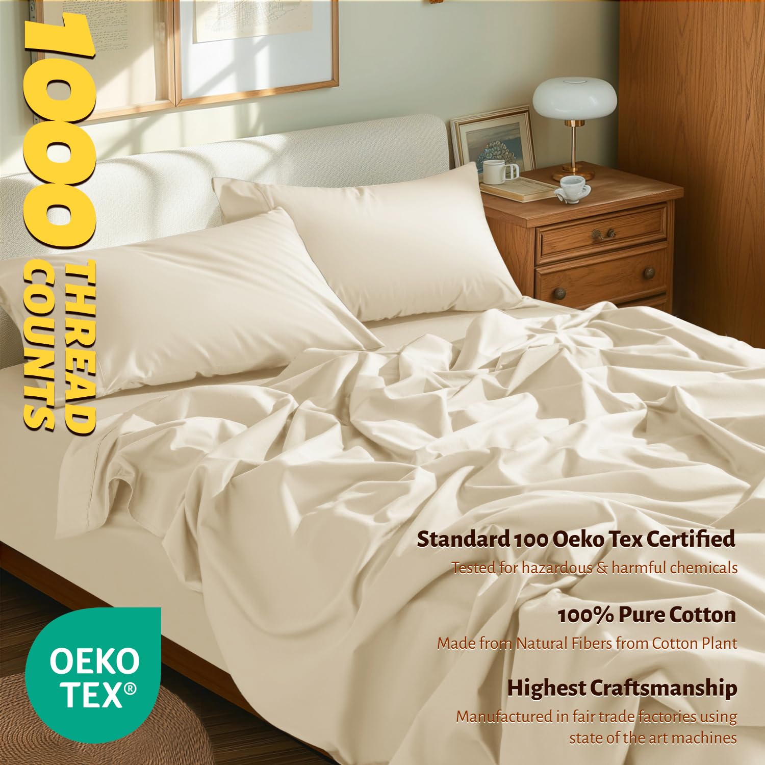 Shilucheng 100% Egyptian Cotton Queen Size Sheets Set - 1000 Thread Count,Luxury Cotton Bed Sheets,Breathable & Cooling Bedding And Pillow Cases, 16 Inch Deep Pocket - 4 Piece (Beige, Queen)
